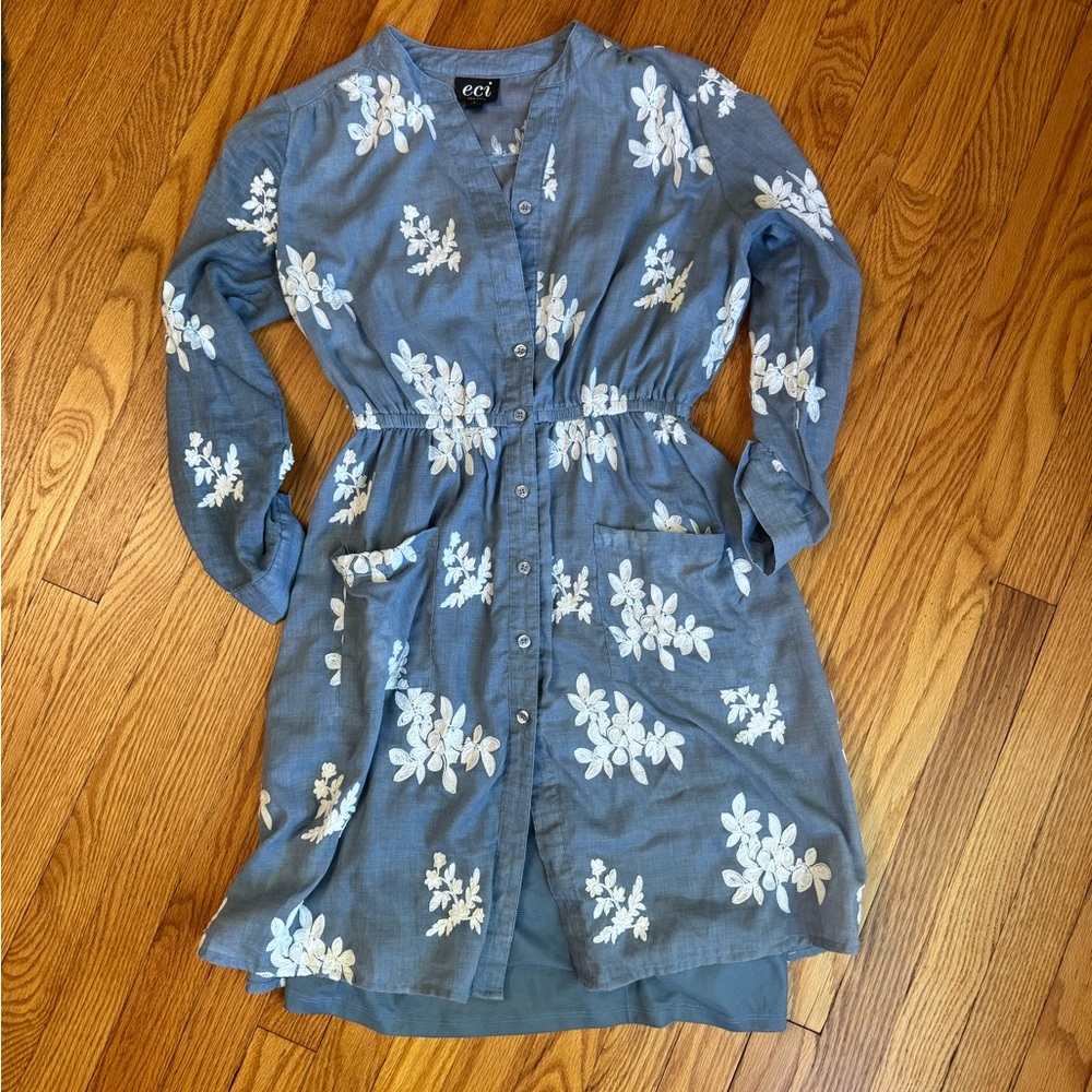 eci | Floral Embroidered Long Sleeve A-Line Mini Dress | Blue | Size 4